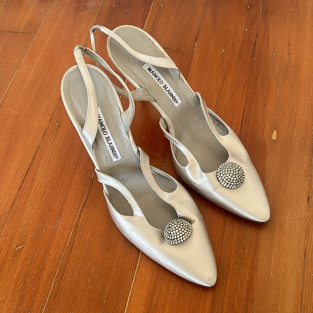 Manolo Blahnik Satin Crystal Embellishment Slingback Heel